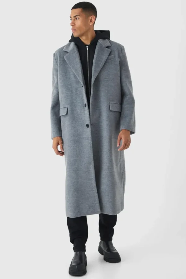 boohooMAN Oversized Overcoat With Faux Hooded Jersey Layer In | Man | Coats & Jackets