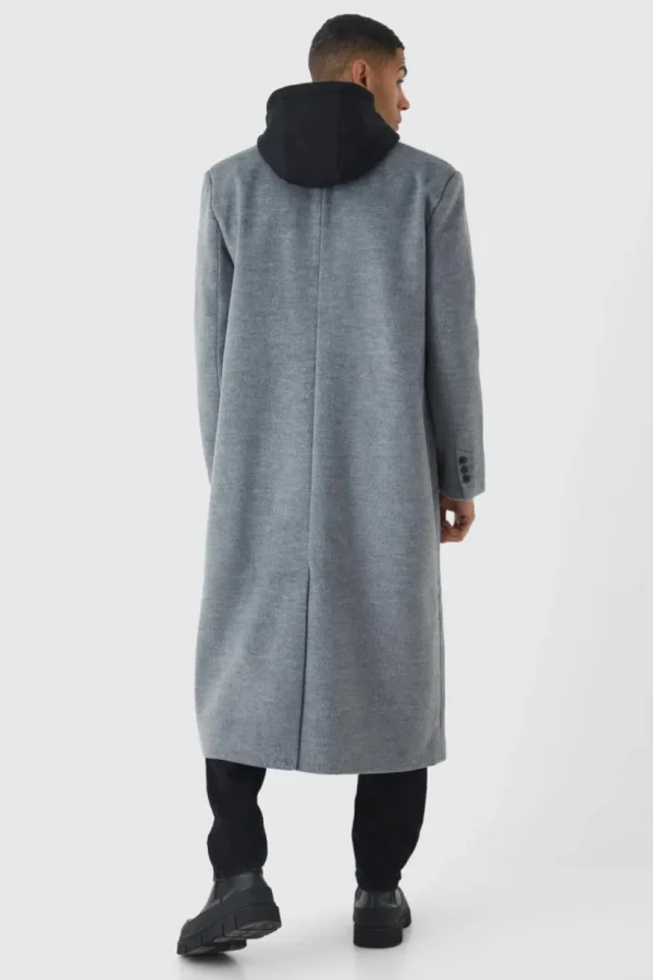 boohooMAN Oversized Overcoat With Faux Hooded Jersey Layer In | Man | Coats & Jackets