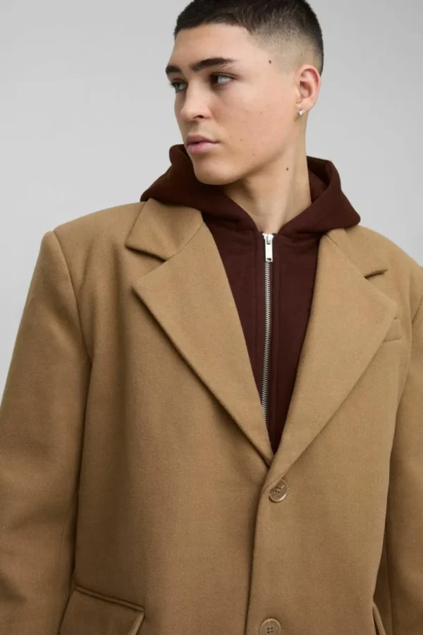 boohooMAN Oversized Overcoat With Faux Hooded Jersey Layer In | Man | Coats & Jackets