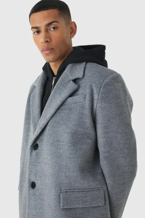 boohooMAN Oversized Overcoat With Faux Hooded Jersey Layer In | Man | Coats & Jackets