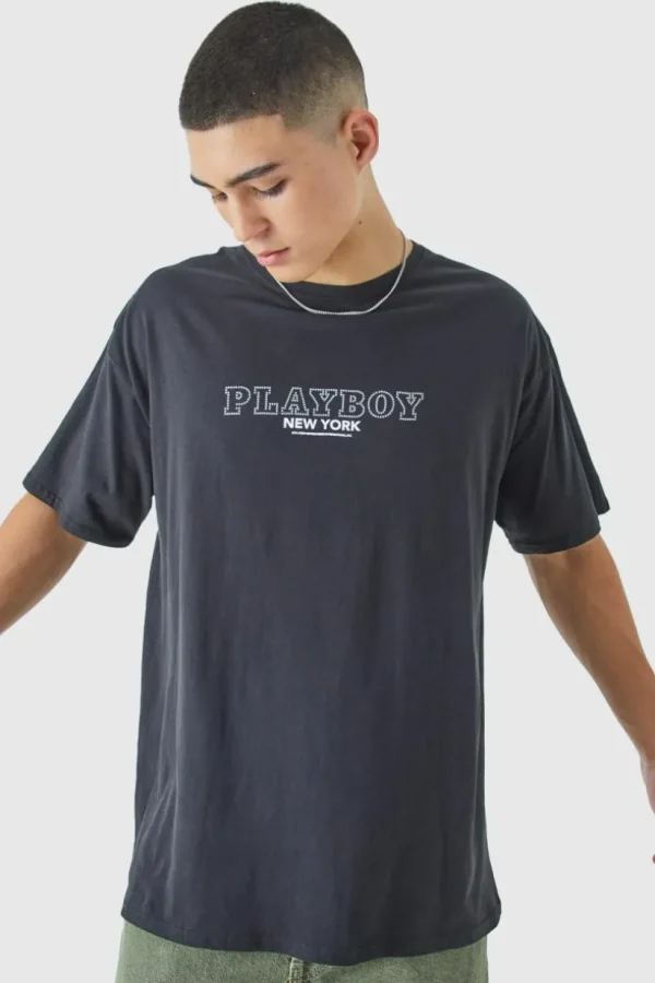 boohooMAN Oversized Playboy Rhinestone License T-shirt | T-Shirts