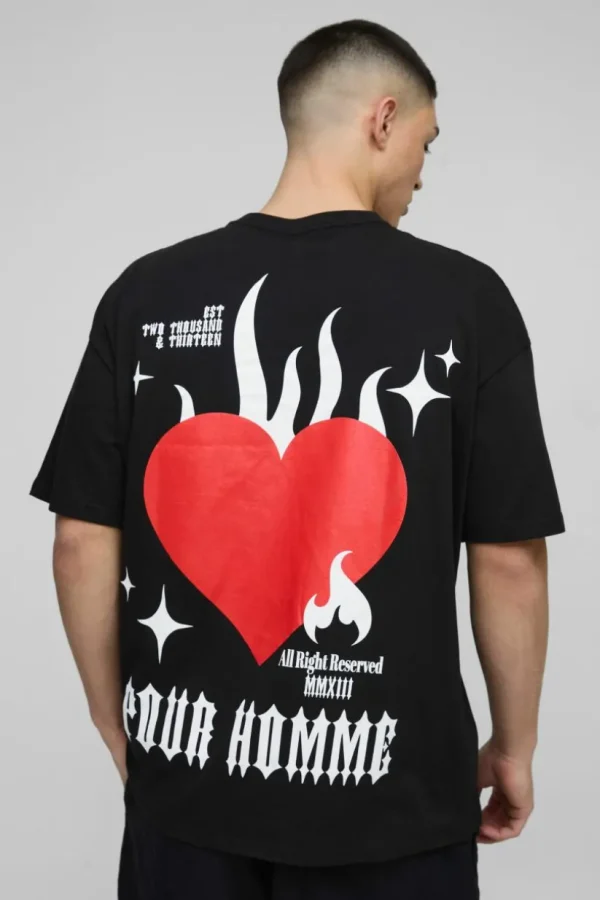 boohooMAN Oversized Pour Homme Flame Heart Graphic T-Shirt | Hoodies & Sweats | T-Shirts