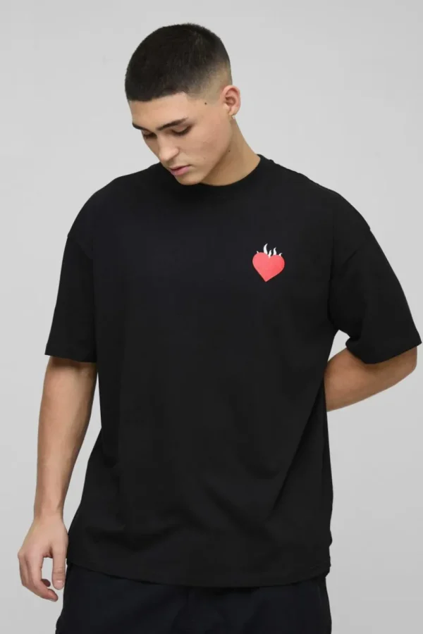 boohooMAN Oversized Pour Homme Flame Heart Graphic T-Shirt | Hoodies & Sweats | T-Shirts