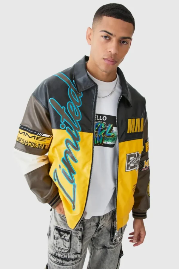 boohooMAN Oversized PU Badge Moto Jacket | Man | Coats & Jackets