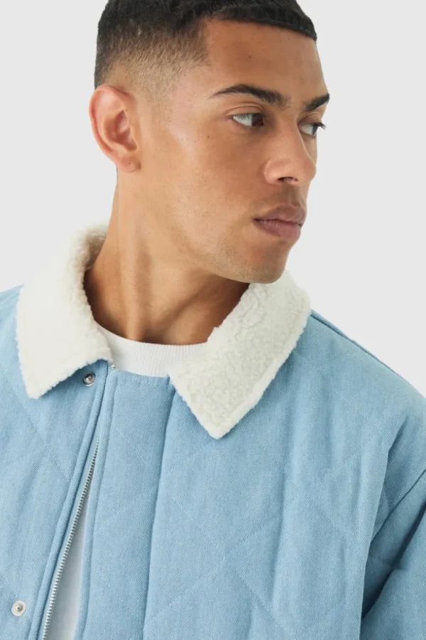 boohooMAN Oversized Quilted Denim Jacket With Borg Collar | Denim | Going Out Denim