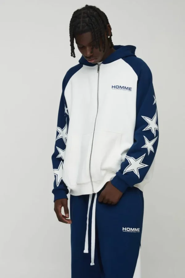 boohooMAN Oversized Raglan Homme Star Gusset Zip Through Hooded Tracksuit | Tracksuits