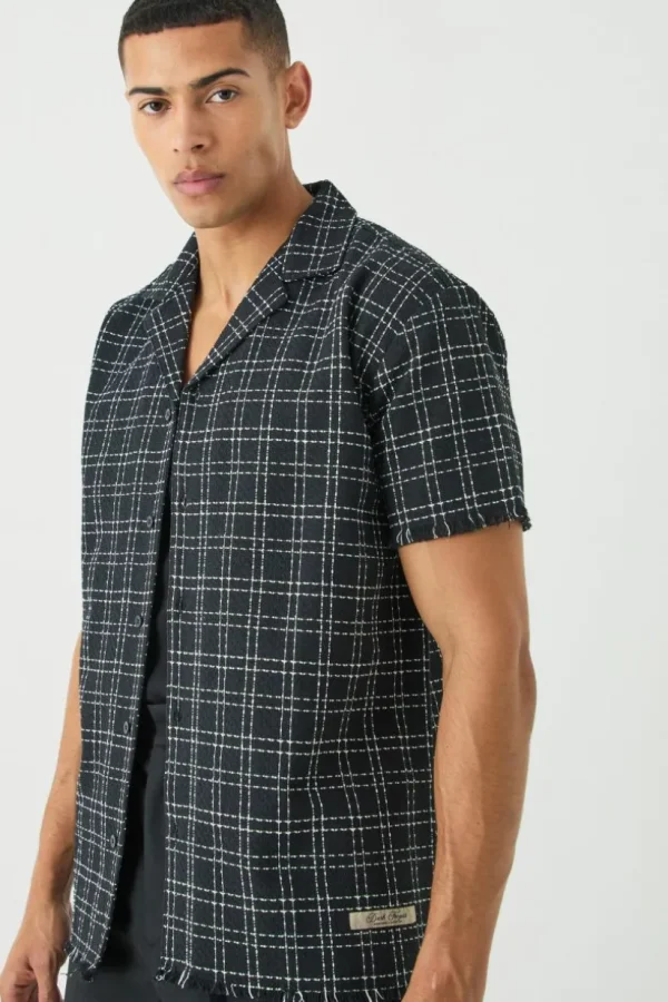 boohooMAN Oversized Raw Hem Boucle Shirt | Going Out | Shirts