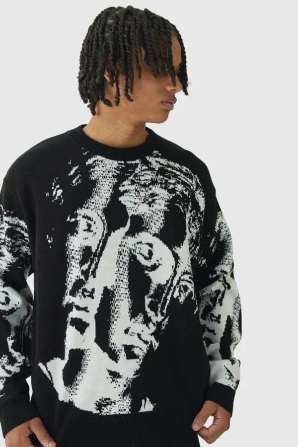 boohooMAN Oversized Renaissance Face Knit Jumper | Going Out | Knitwear