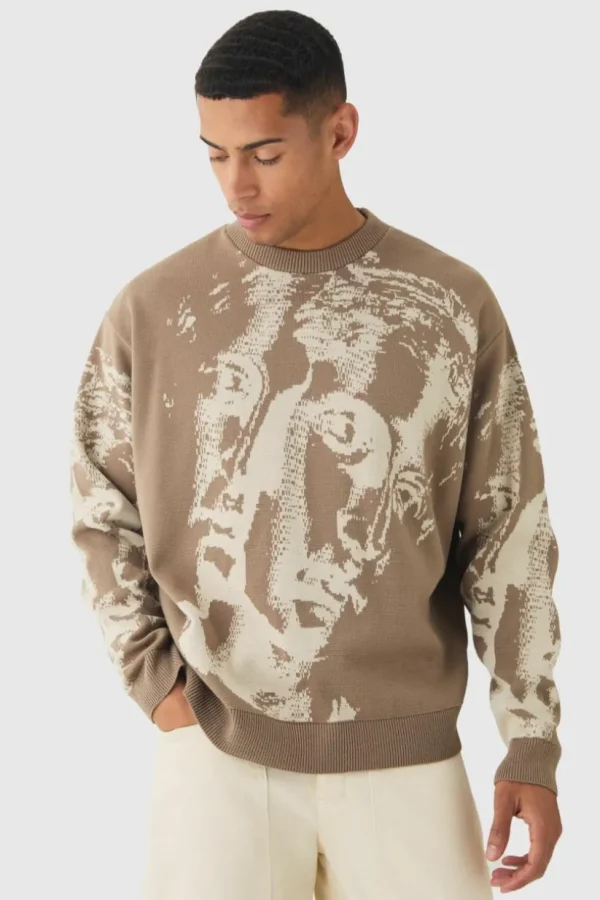 boohooMAN Oversized Renaissance Face Knit Jumper | Knitwear | Going Out Knitwear