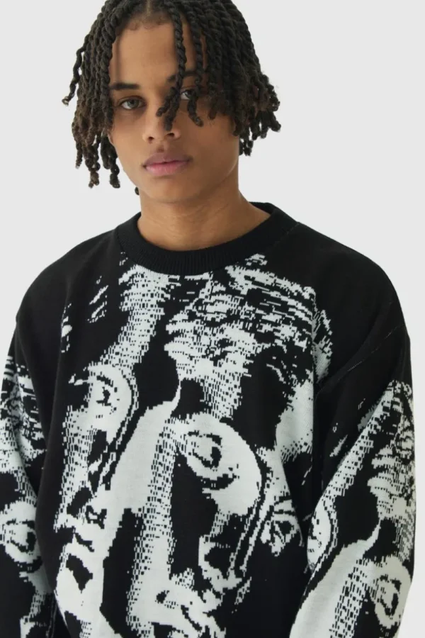 boohooMAN Oversized Renaissance Face Knit Jumper | Going Out | Knitwear