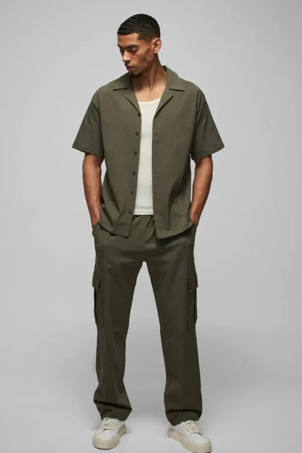 boohooMAN Oversized Revere Bengaline Shirt & Cargo Trouser Set | Sets & Coords