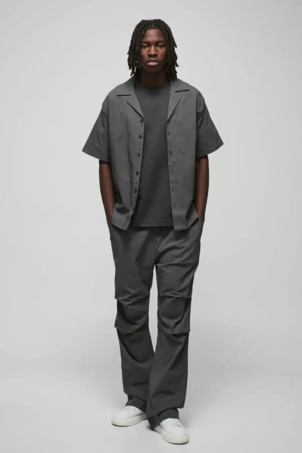 boohooMAN Oversized Revere Bengaline Shirt & Pleated Straight Stacked Trouser Set | Sets & Coords