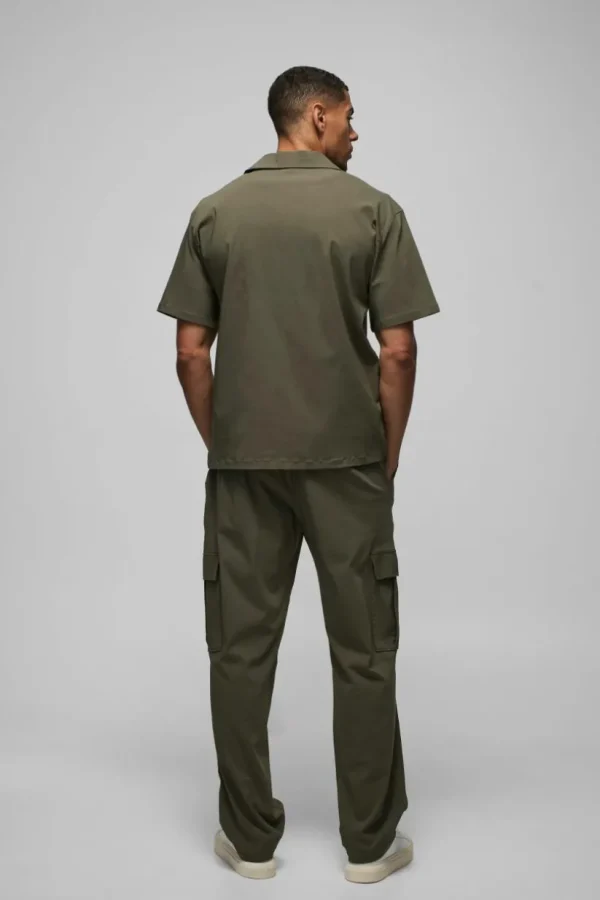 boohooMAN Oversized Revere Bengaline Shirt & Cargo Trouser Set | Sets & Coords