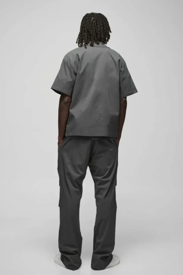 boohooMAN Oversized Revere Bengaline Shirt & Pleated Straight Stacked Trouser Set | Sets & Coords