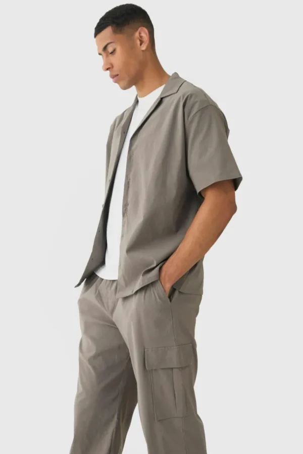 boohooMAN Oversized Revere Bengaline Shirt & Cargo Trouser Set | Sets & Coords