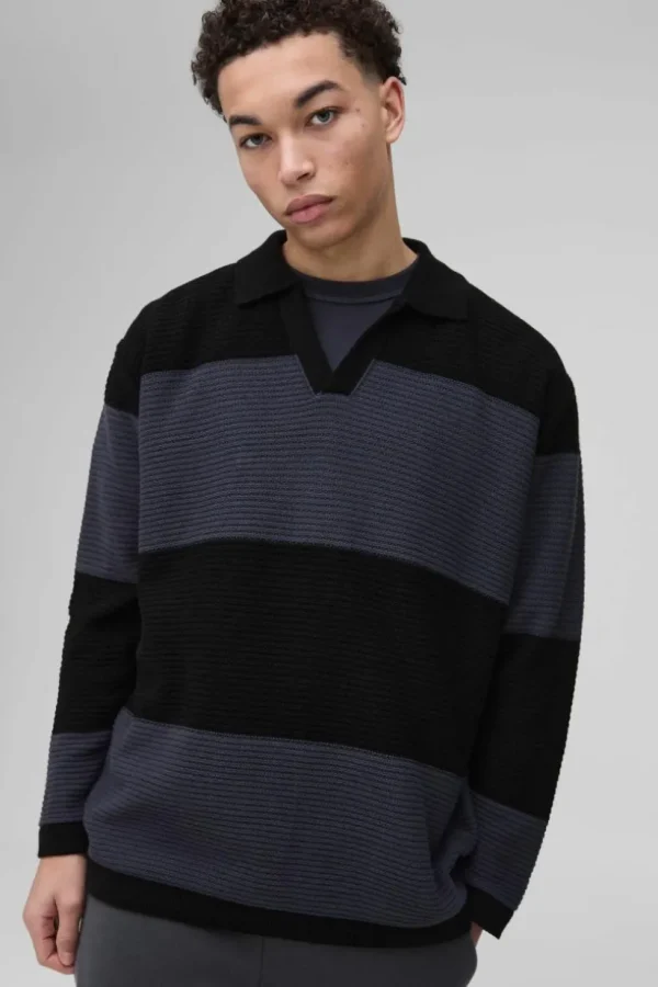 boohooMAN Oversized Ribbed Colour Block Knitted Polo | Going Out Polo Shirts