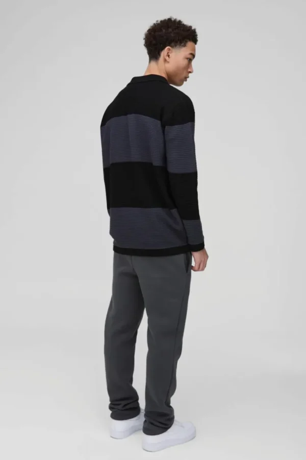 boohooMAN Oversized Ribbed Colour Block Knitted Polo | Going Out Polo Shirts