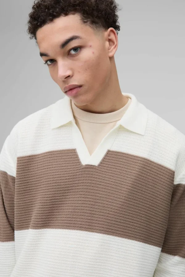 boohooMAN Oversized Ribbed Colour Block Knitted Polo | Going Out Polo Shirts