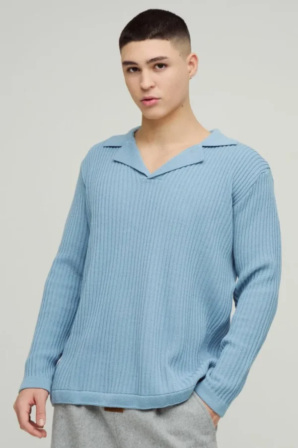 boohooMAN Oversized Ribbed Revere Knitted Polo | Going Out Polo Shirts