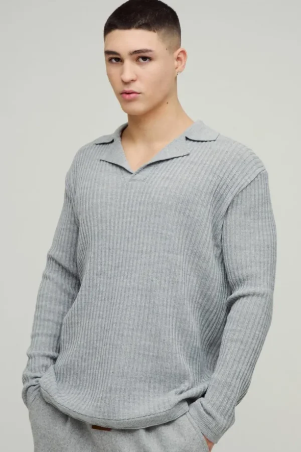 boohooMAN Oversized Ribbed Revere Knitted Polo | Going Out Polo Shirts