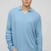 boohooMAN Oversized Ribbed Revere Neck Knitted Polo | Going Out Polo Shirts | Knitwear