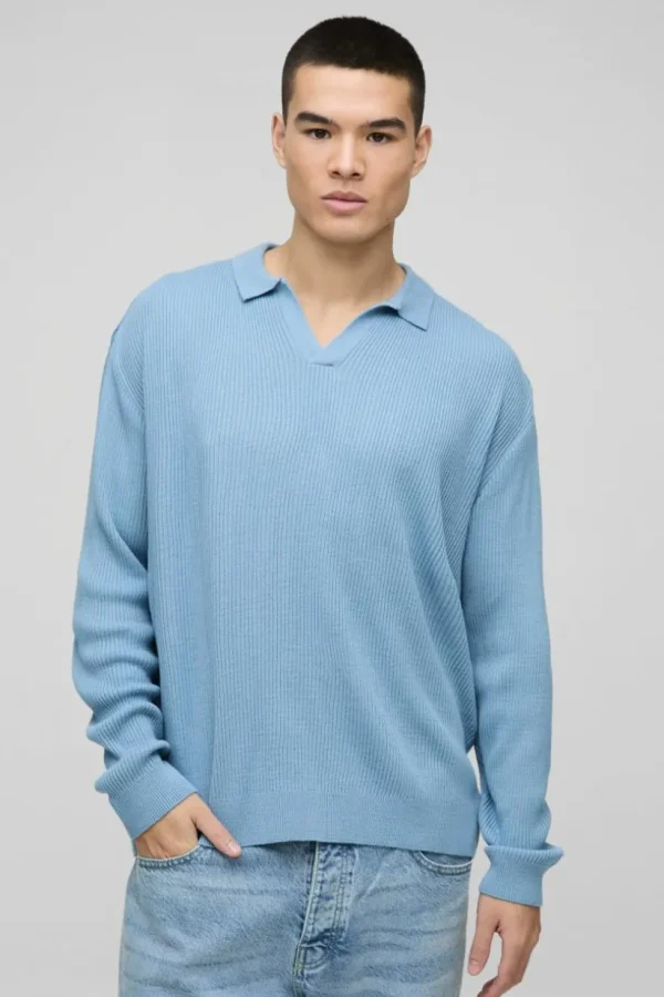 boohooMAN Oversized Ribbed Revere Neck Knitted Polo | Going Out Polo Shirts | Knitwear