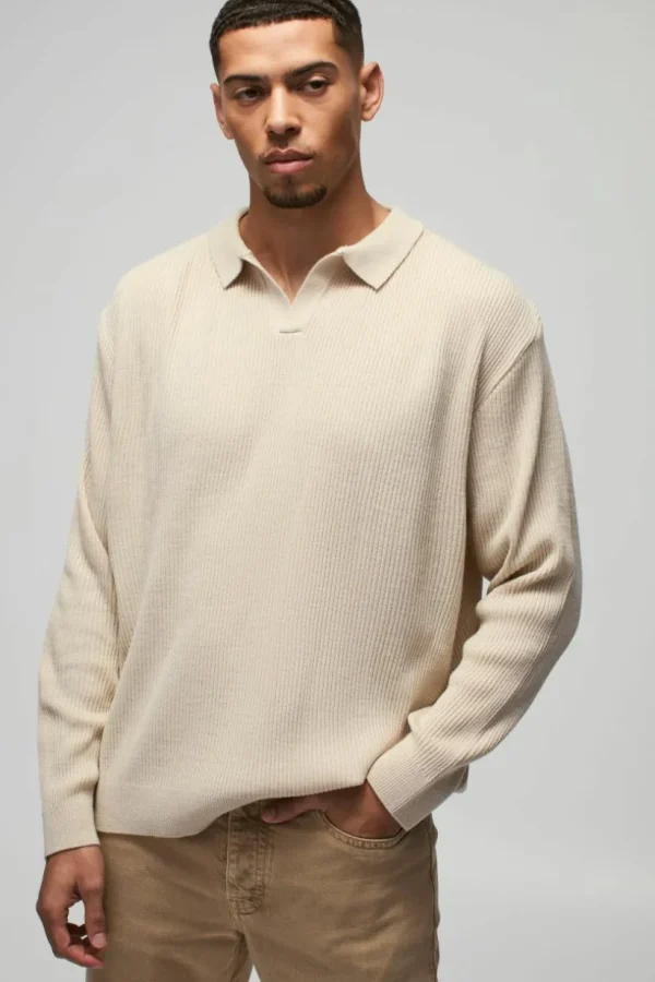 boohooMAN Oversized Ribbed Revere Neck Knitted Polo | Going Out Polo Shirts | Knitwear