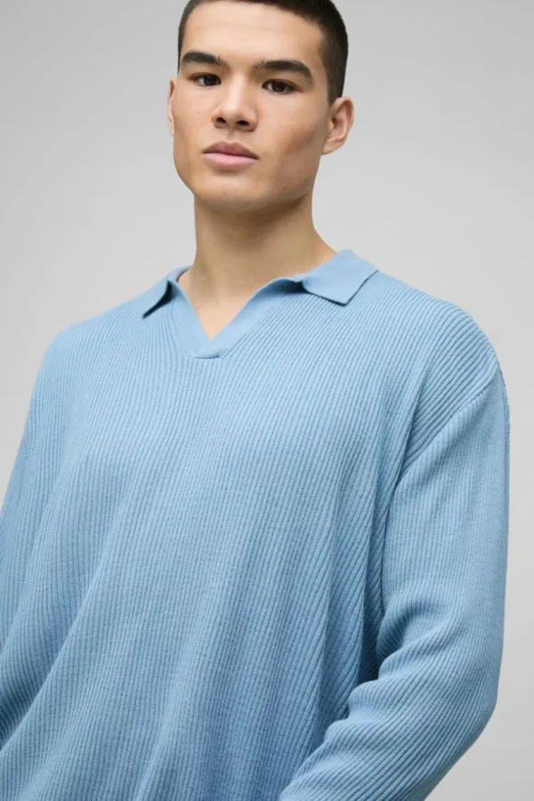 boohooMAN Oversized Ribbed Revere Neck Knitted Polo | Going Out Polo Shirts | Knitwear