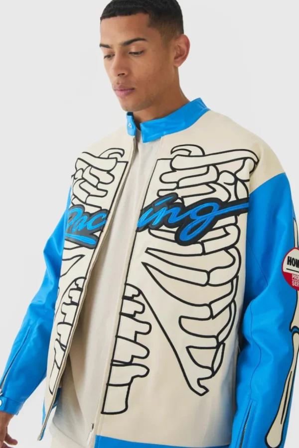 boohooMAN Oversized Ribcage Applique PU Moto Jacket In | Man | Coats & Jackets