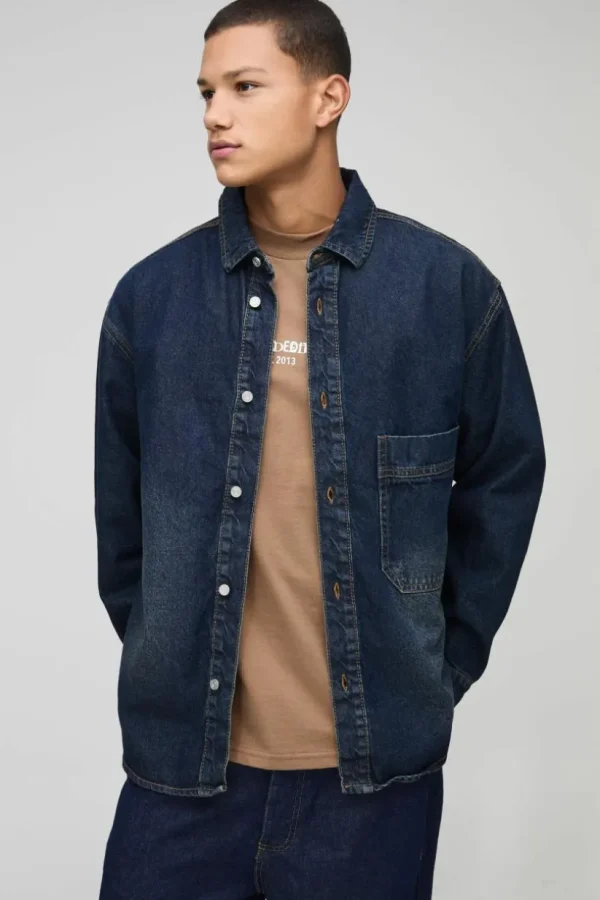 boohooMAN Oversized Rigid ed Denim Shirt | Going Out | Shirts