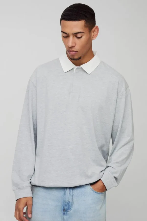 boohooMAN Oversized Rugby Long Sleeve Polo | Going Out Polo Shirts | Shirts