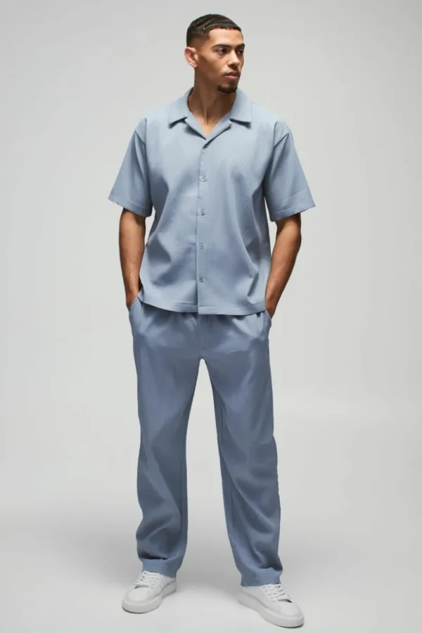 boohooMAN Oversized Short Sleeve Pleated Shirt & Straight Trouser Set | Sets & Coords