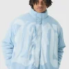 boohooMAN Oversized Spray M Print Funnel Neck Puffer Jacket In Blue | Coats & Jackets