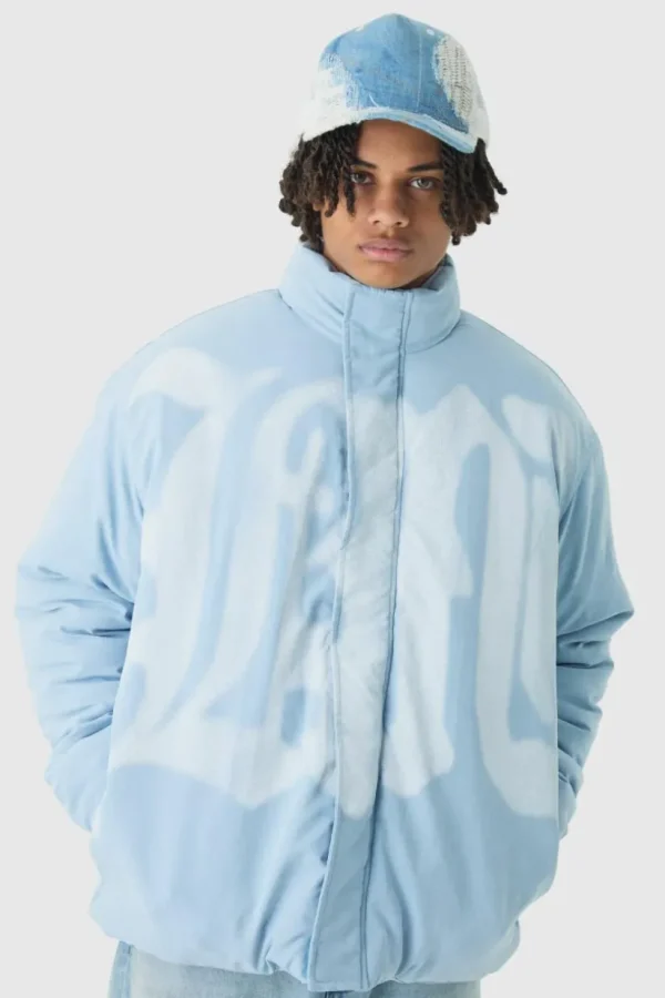 boohooMAN Oversized Spray M Print Funnel Neck Puffer Jacket In Blue | Coats & Jackets