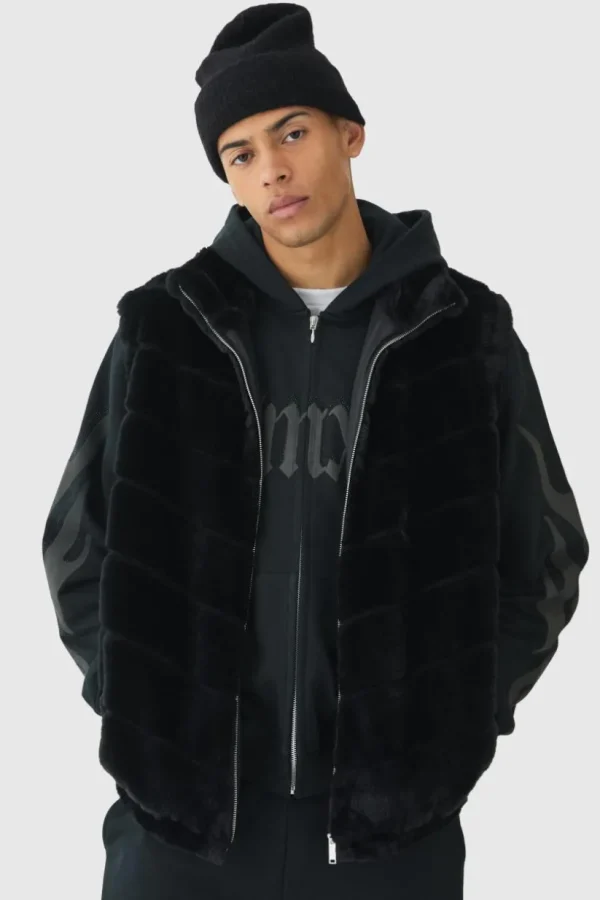 boohooMAN Oversized Striped Faux Fur Gilet Jacket In | Man | Coats & Jackets