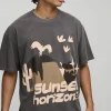 boohooMAN Oversized Sunset Western Puff Print Washed Graphic T-Shirt | T-Shirts