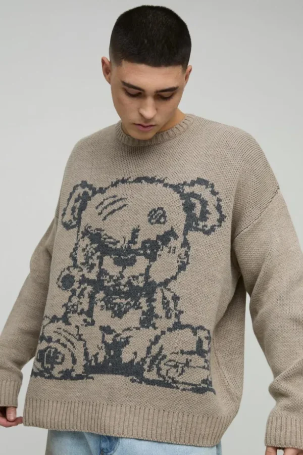 boohooMAN Oversized Teddy Graphic Knitted Jumper | Knitwear | Going Out Knitwear