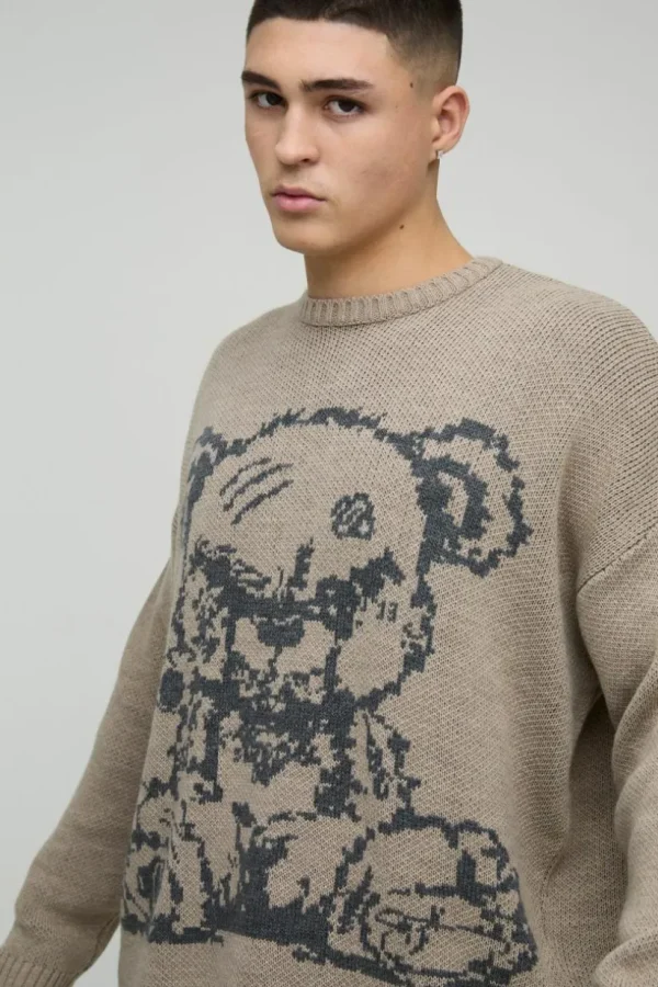 boohooMAN Oversized Teddy Graphic Knitted Jumper | Knitwear | Going Out Knitwear