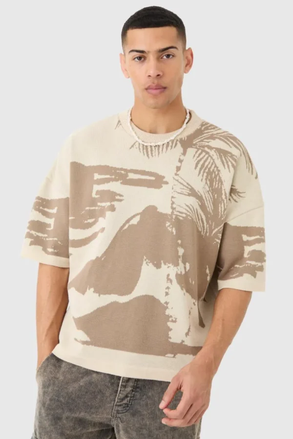 boohooMAN Oversized Tonal Scenic Drawing Knitted T-shirt | Knitwear | Going Out Knitwear