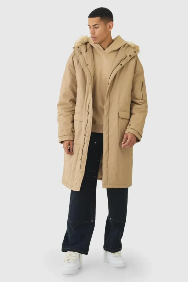 boohooMAN Oversized Twill Parka With Faux Fur Hood Trim In | Man | Coats & Jackets