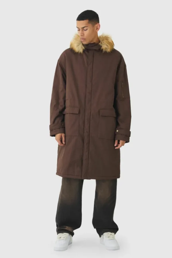 boohooMAN Oversized Twill Parka With Faux Fur Hood Trim In | Man | Coats & Jackets