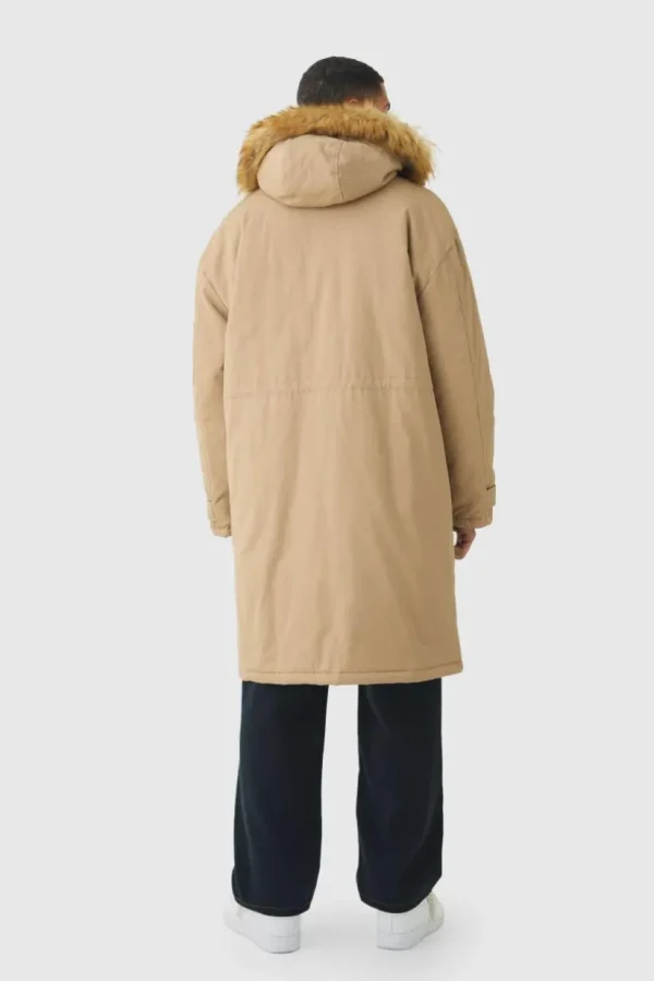 boohooMAN Oversized Twill Parka With Faux Fur Hood Trim In | Man | Coats & Jackets