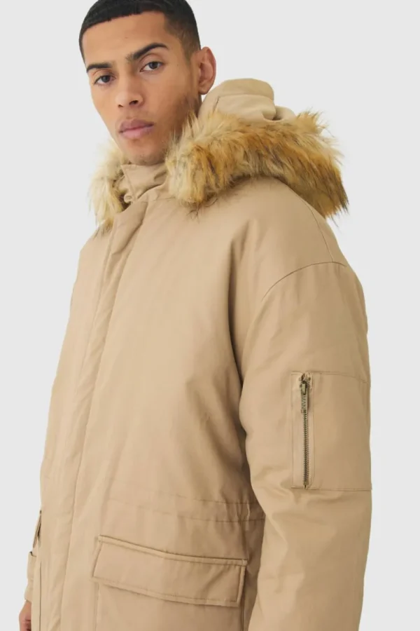 boohooMAN Oversized Twill Parka With Faux Fur Hood Trim In | Man | Coats & Jackets