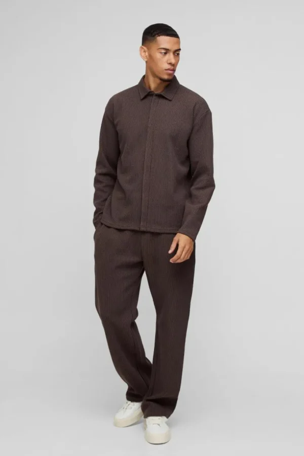 boohooMAN Oversized Two-tone Zip Ribbed Jersey Shirt & Straight Jogger Set | Sets & Coords