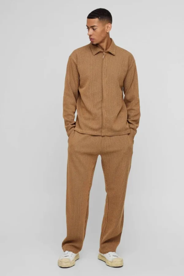 boohooMAN Oversized Two-tone Zip Ribbed Jersey Shirt & Straight Jogger Set | Sets & Coords