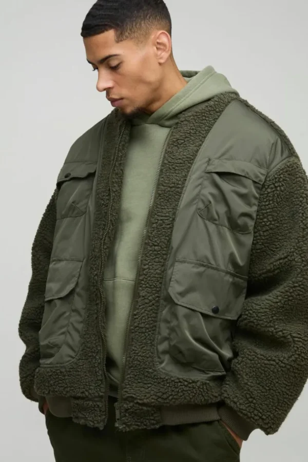 boohooMAN Oversized Utility Borg And Nylon Bomber Jacket In | Man | Coats & Jackets