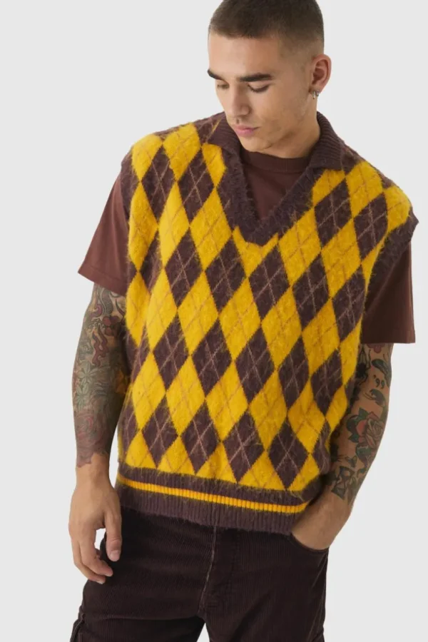 boohooMAN Oversized V Neck Argyle Fluffy Knit Vest | Knitwear | Going Out Knitwear