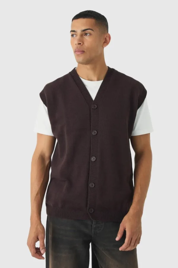 boohooMAN Oversized V Neck Button Through Knitted Vest | Knitwear | Going Out Knitwear