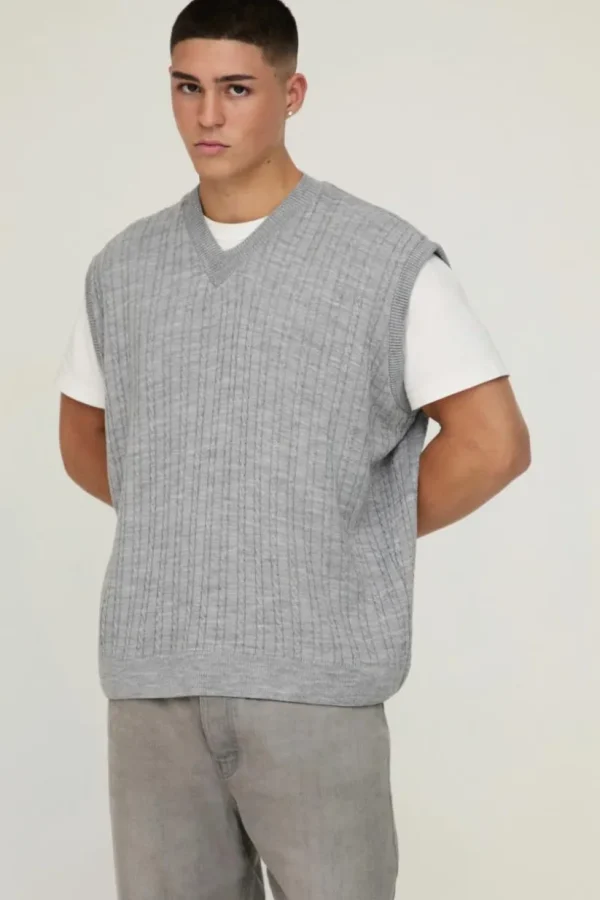 boohooMAN Oversized V Neck Cable Knitted Vest | Knitwear | Going Out Knitwear