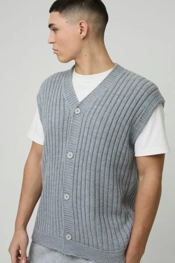 boohooMAN Oversized V Neck Knitted Vest | Knitwear | Going Out Knitwear